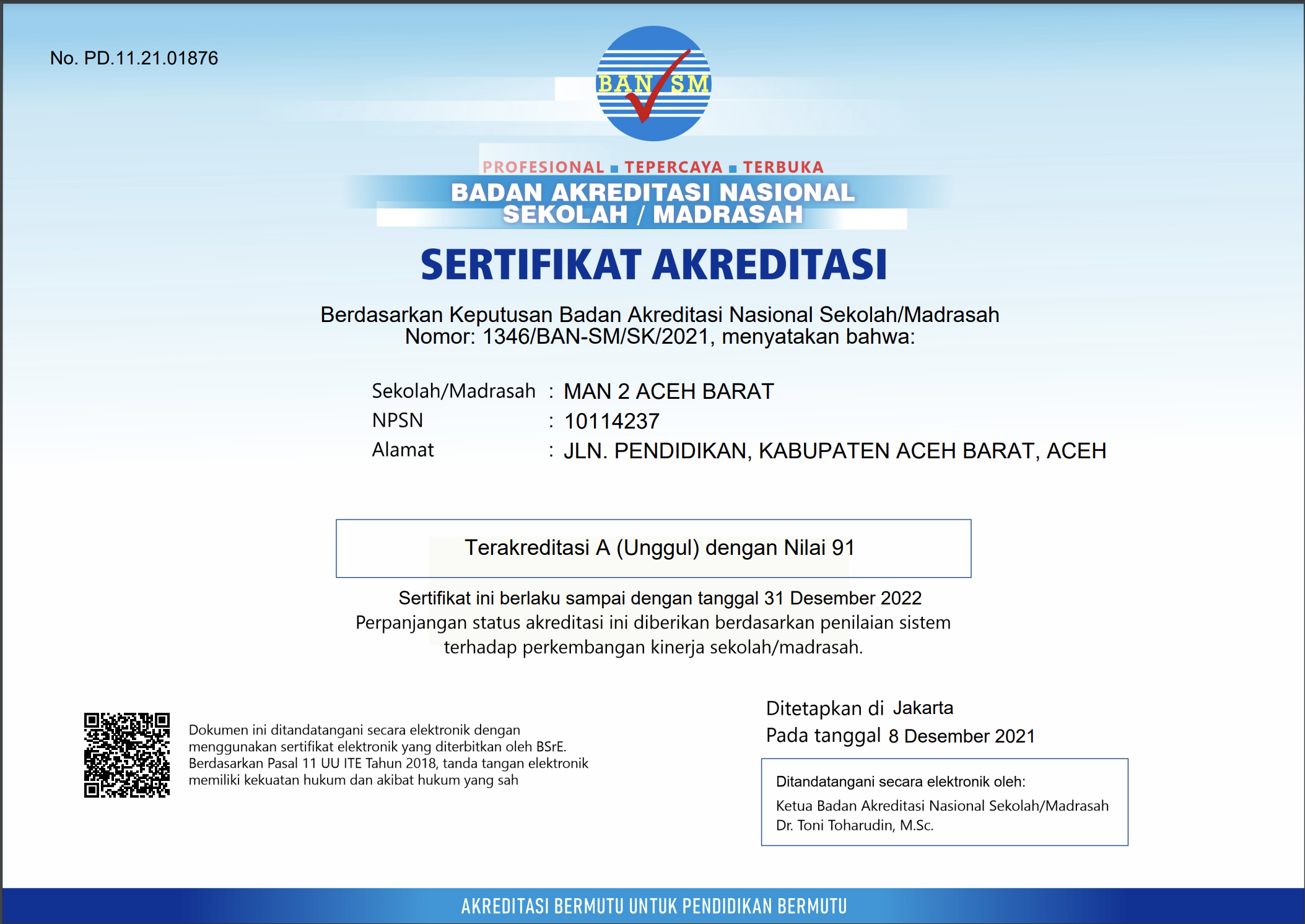 Sertifikat Akreditasi MAN 2 Aceh Barat